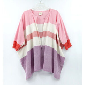 Women Open Front Cardigan Topper OS Pink Striped Oversized Resort‎ Vacation